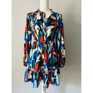 Jodifl Abstract Mini Dress Womens Small Colorful Ruffled Long Sleeve‎ Tie Waist